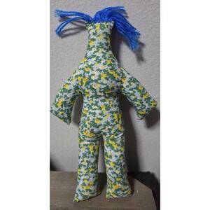 Dammit Doll Green Yellow Floral Rag Cloth Stress Relief Doll Blue Yarn Hair